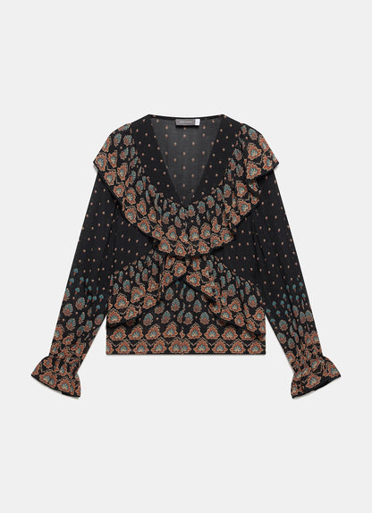 Black Boho Print Ruffle Blouse