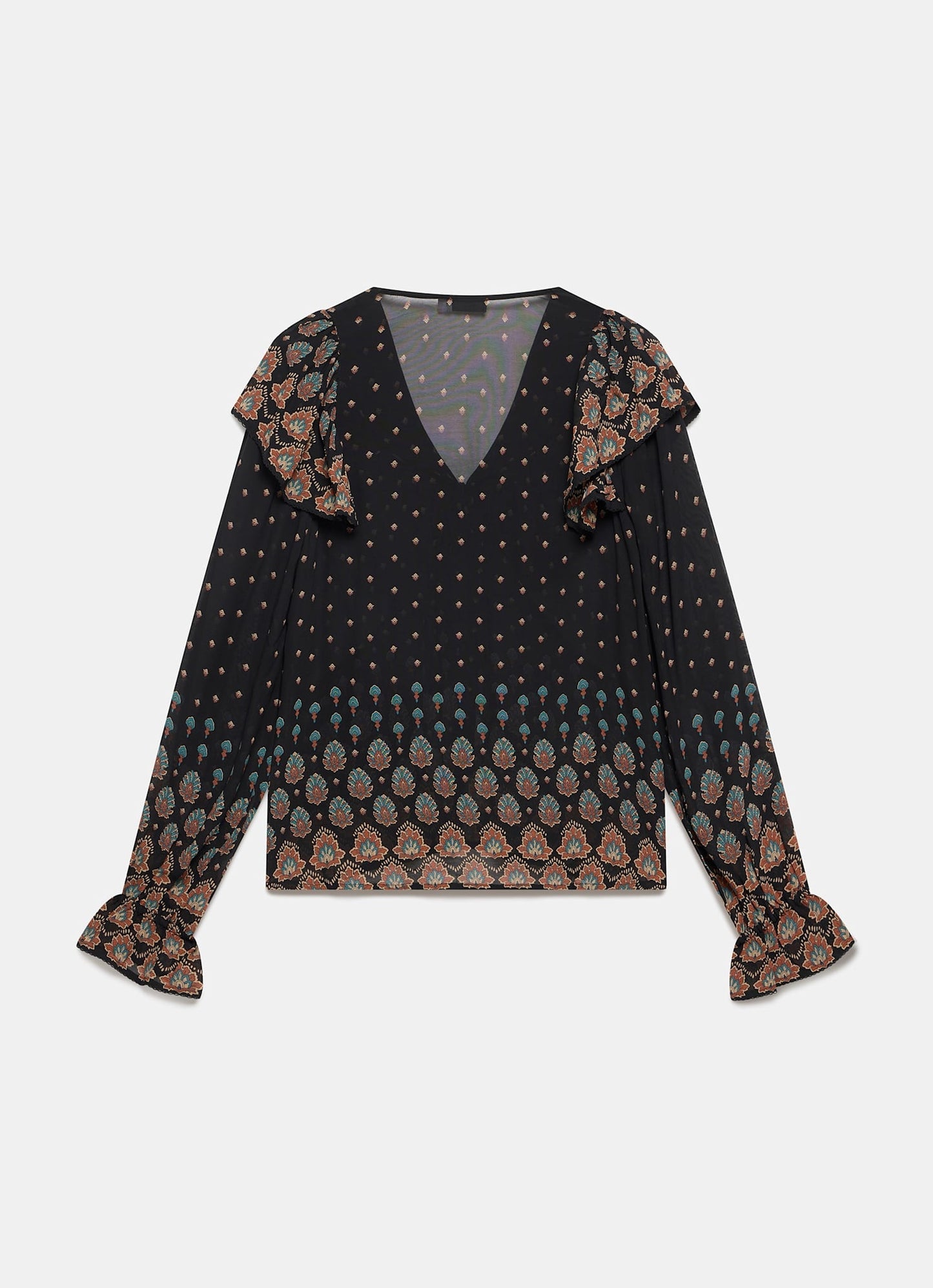 Black Boho Print Ruffle Blouse
