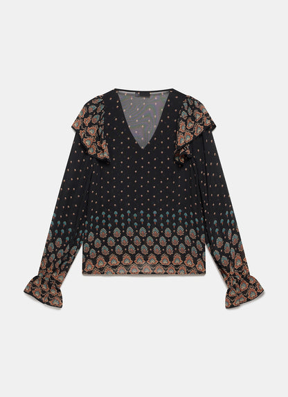 Black Boho Print Ruffle Blouse