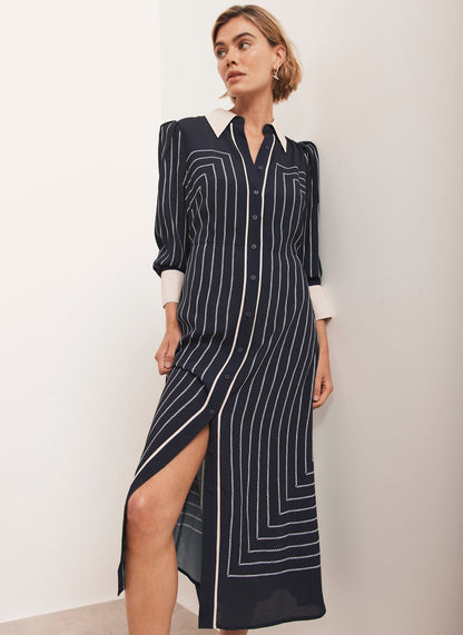Navy Striped Midi Shirt Dress