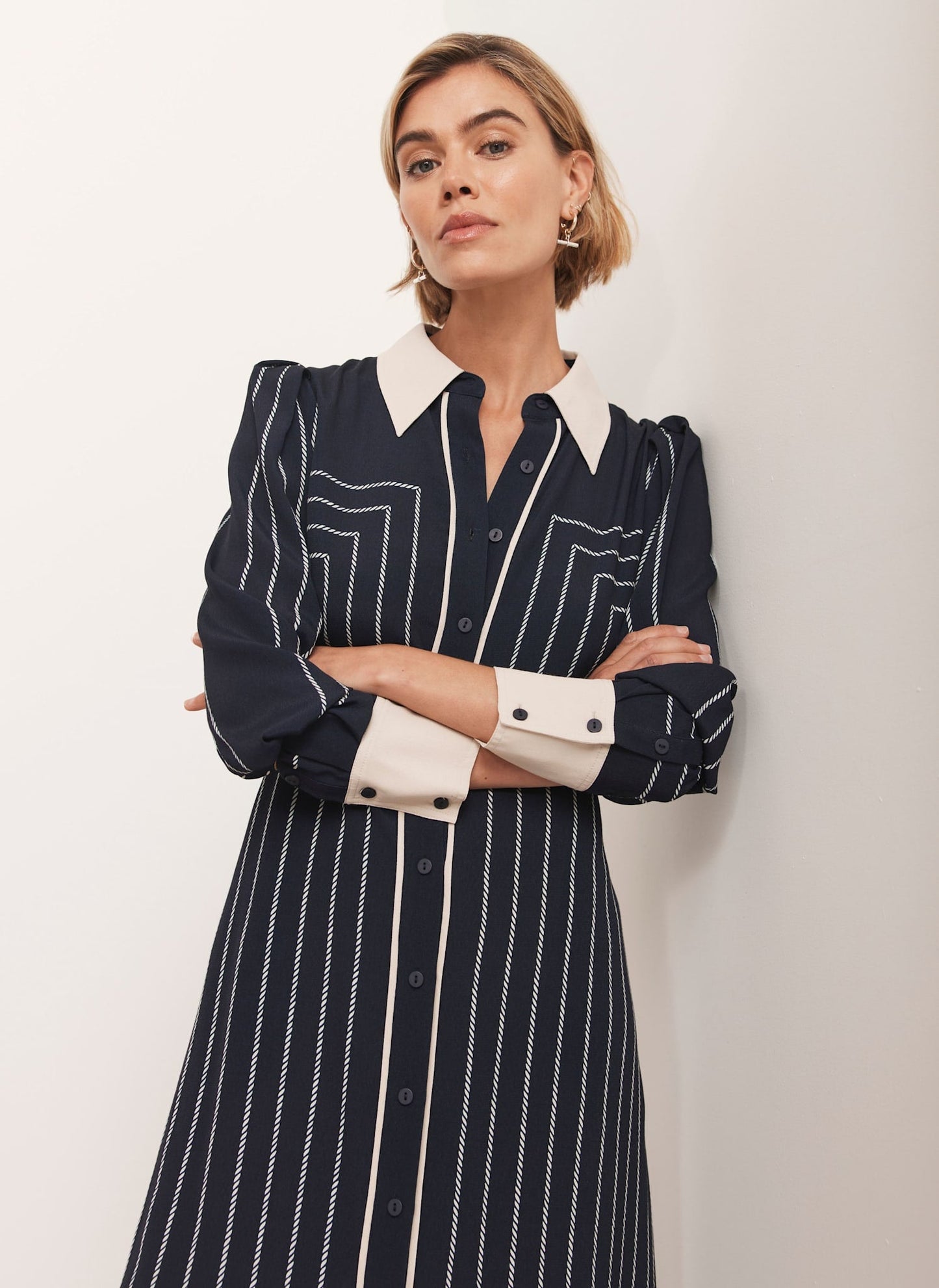 Navy Striped Midi Shirt Dress