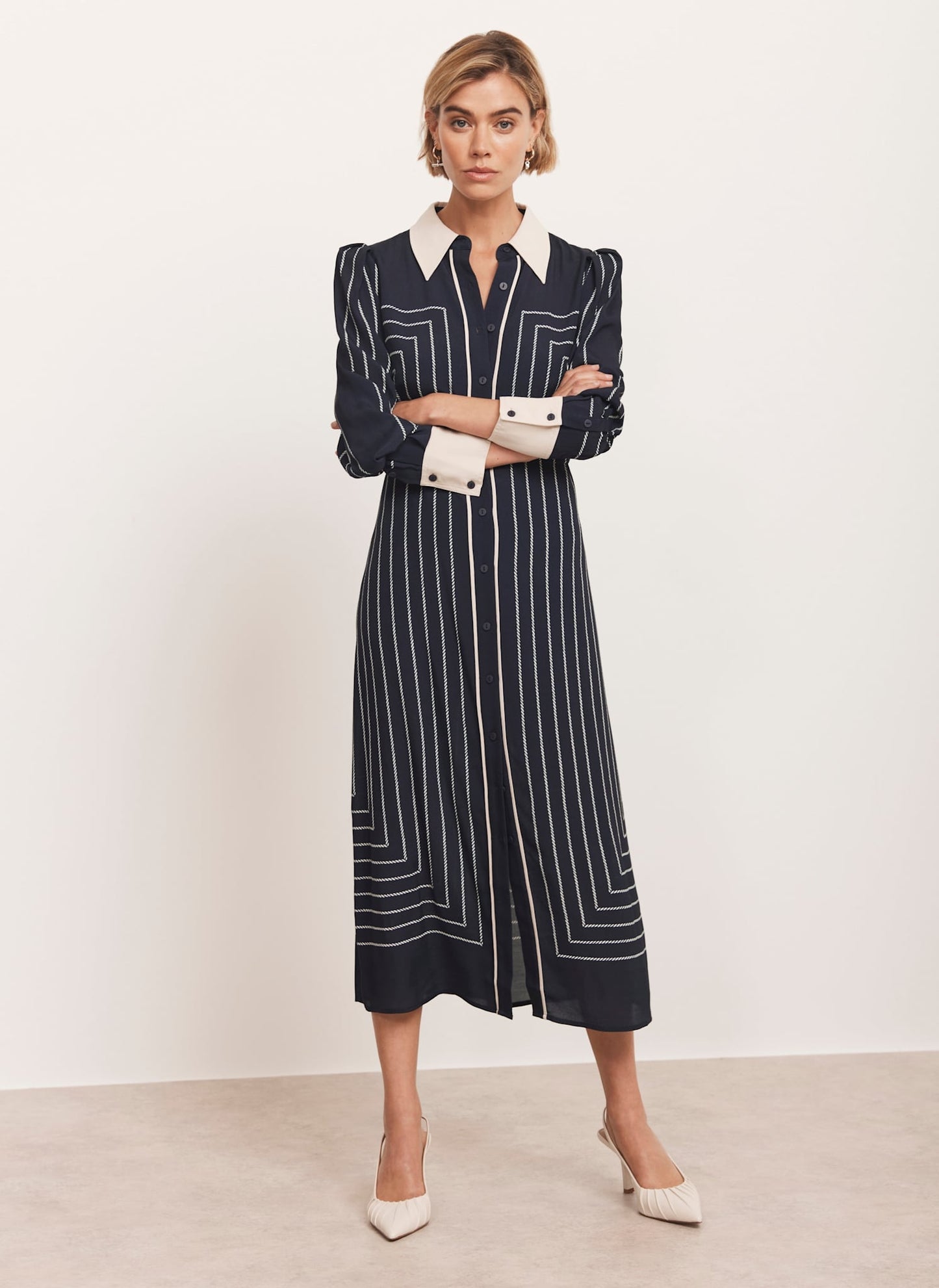 Navy Striped Midi Shirt Dress