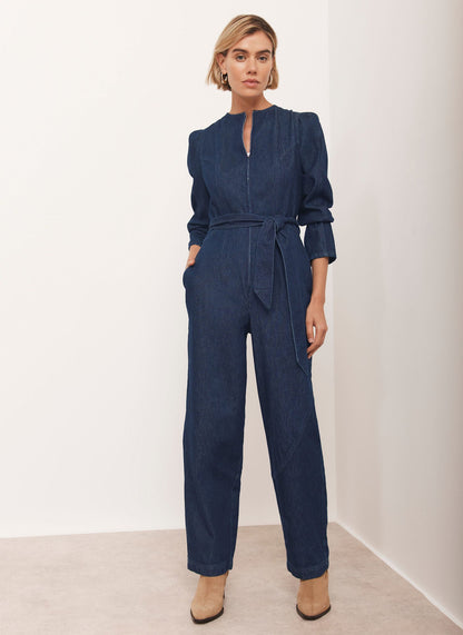 Navy Puff Sleeve Denim Jumpsuit