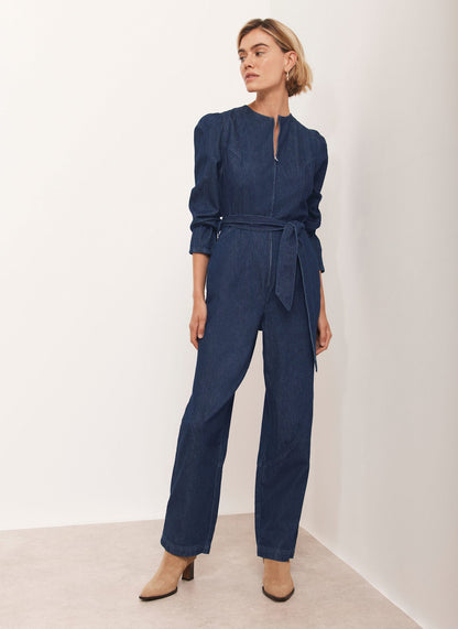 Navy Puff Sleeve Denim Jumpsuit