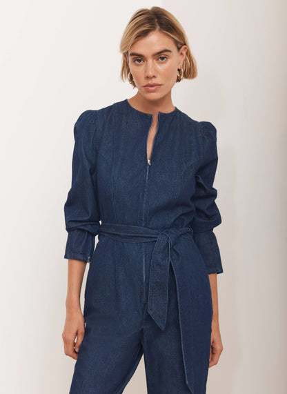 Navy Puff Sleeve Denim Jumpsuit