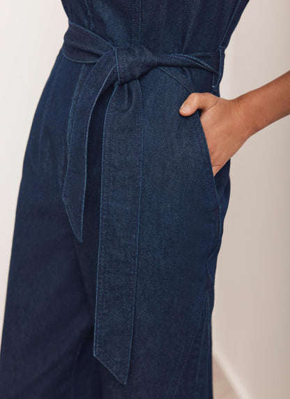 Navy Puff Sleeve Denim Jumpsuit