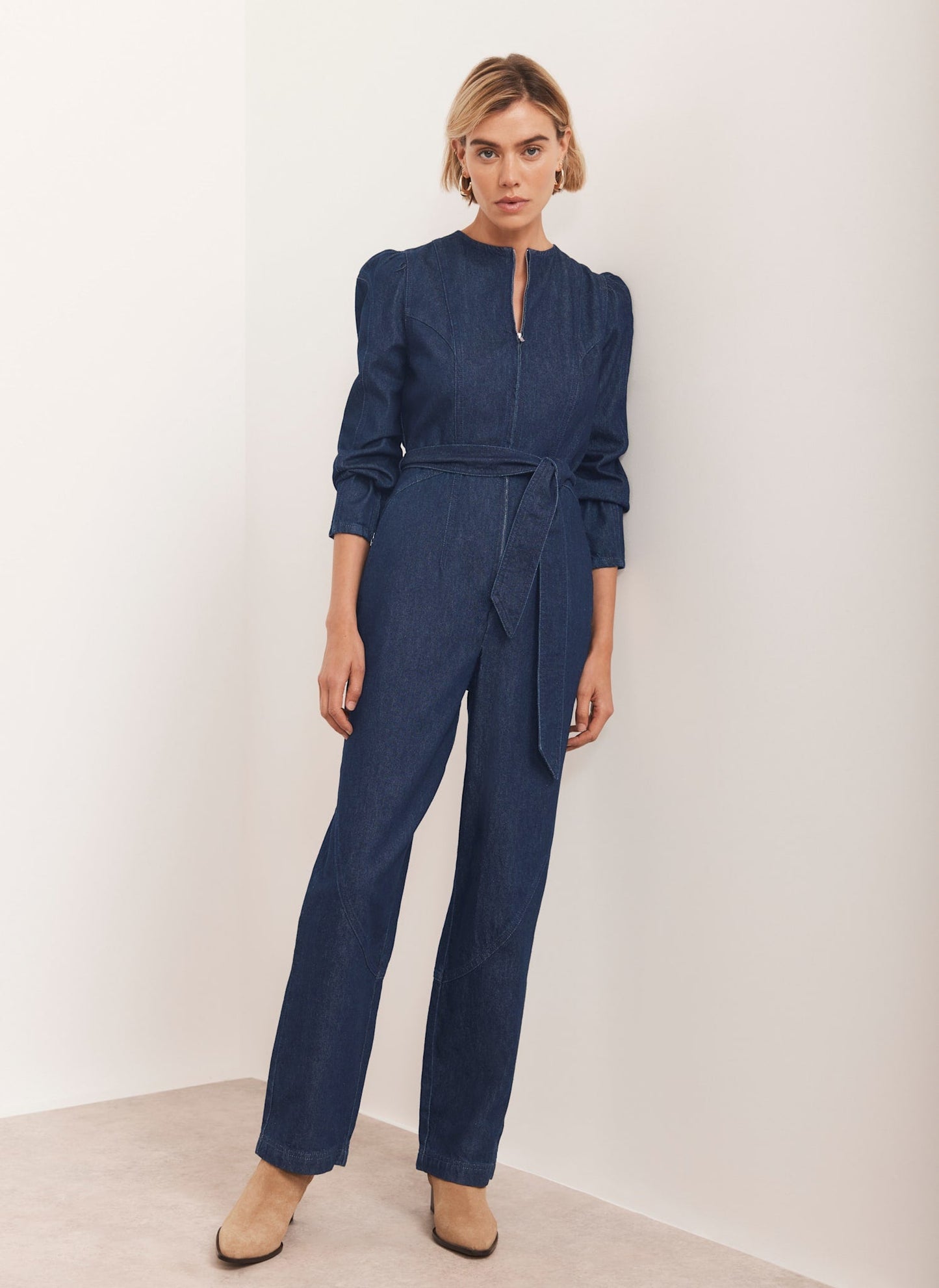 Navy Puff Sleeve Denim Jumpsuit