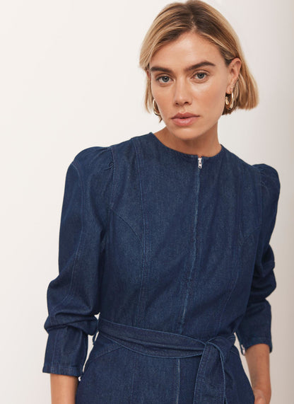 Navy Puff Sleeve Denim Jumpsuit