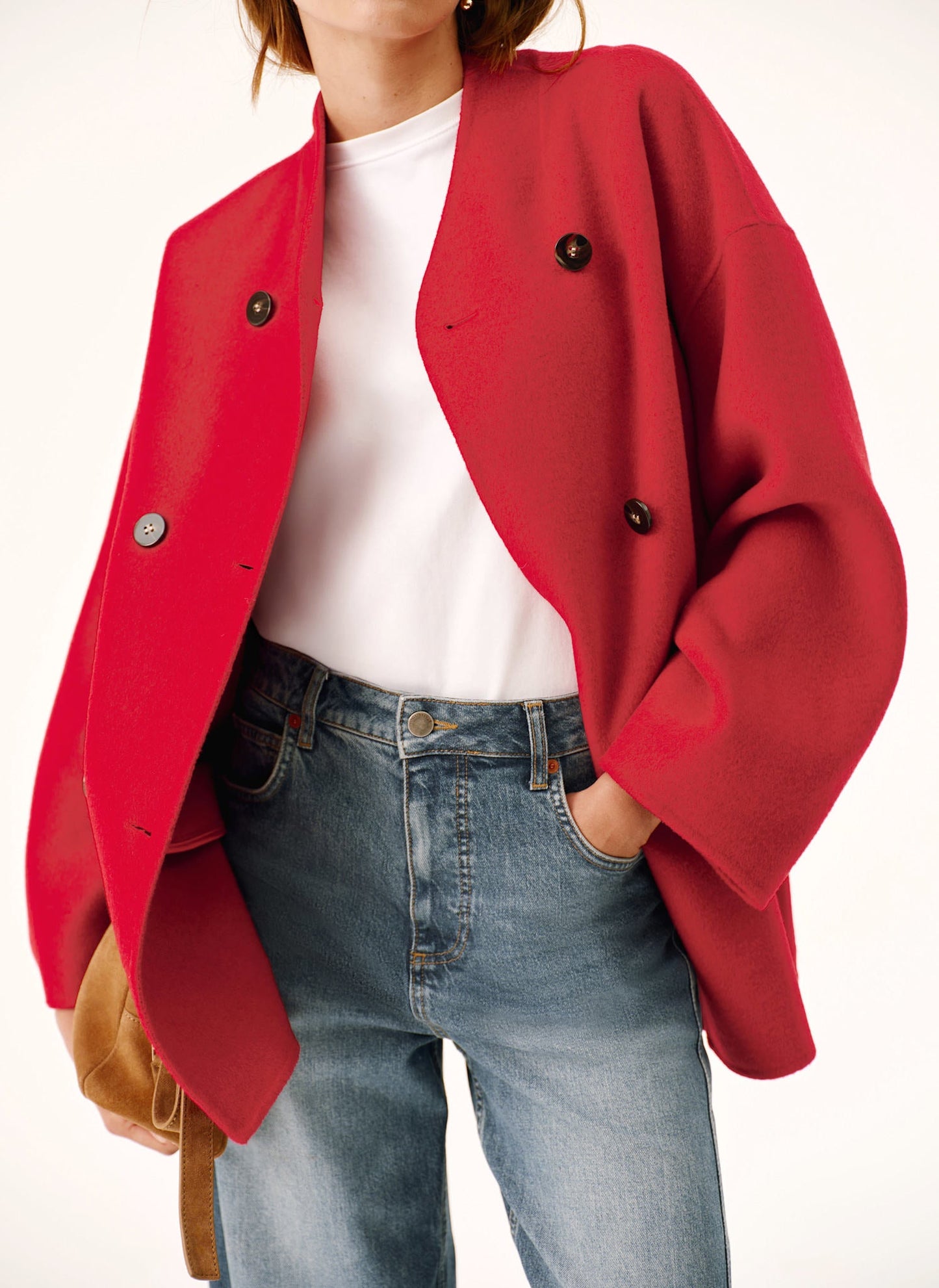 Red Wool Blend Hand Finished Scarf Coat