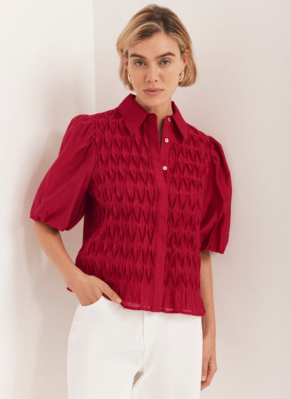 Red Puff Sleeve Smock Shirt