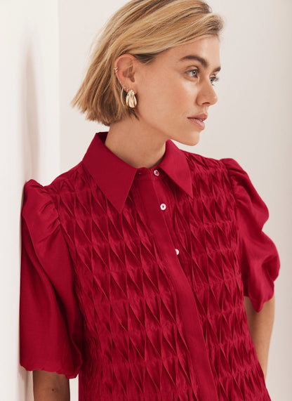 Red Puff Sleeve Smock Shirt