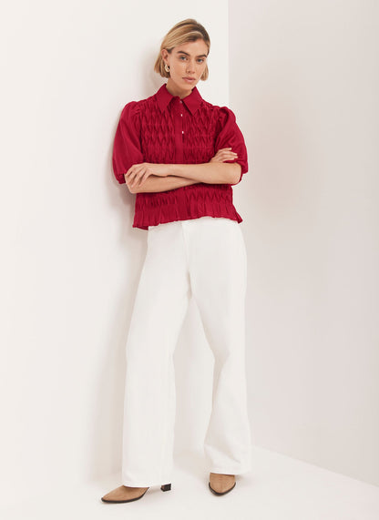 Red Puff Sleeve Smock Shirt