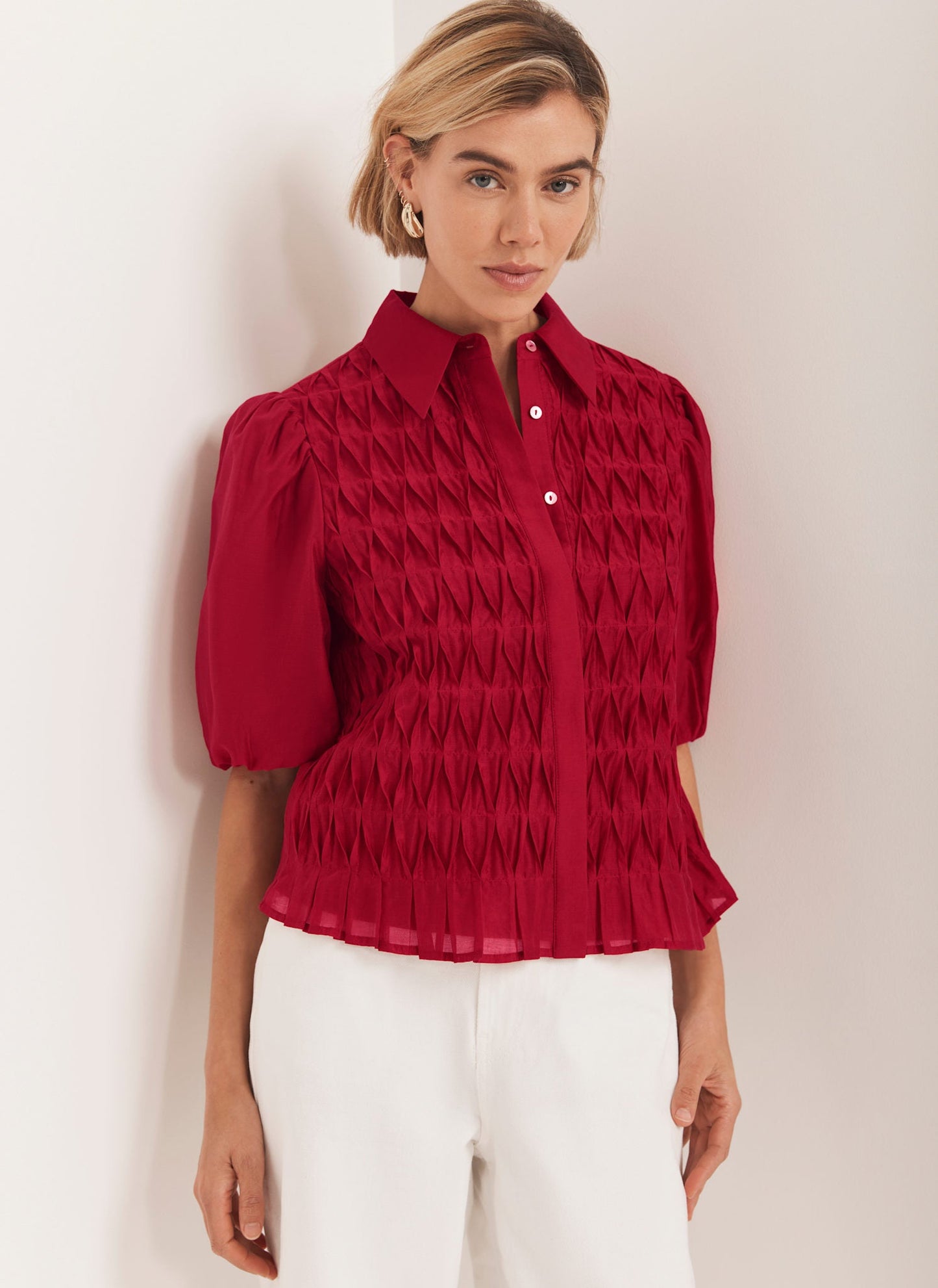 Red Puff Sleeve Smock Shirt
