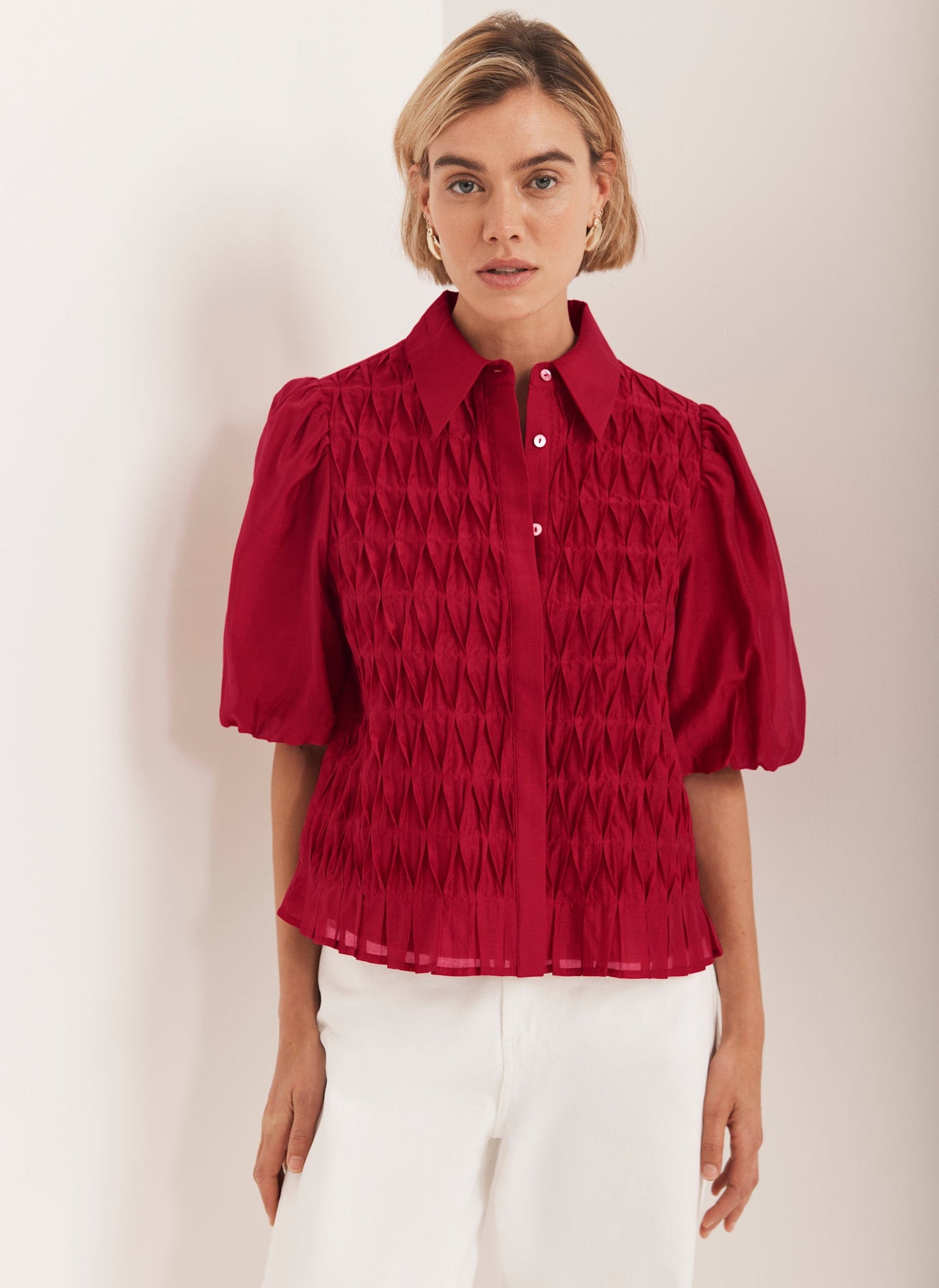 Red Puff Sleeve Smock Shirt