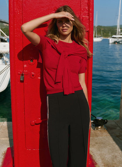 Red Scarf Detail Cotton Blend Knit Top