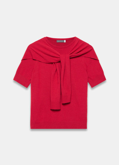 Red Scarf Detail Cotton Blend Knit Top