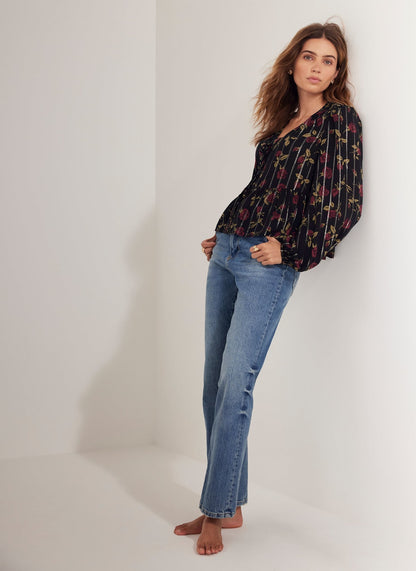 Black Rose Print Tie Front Top