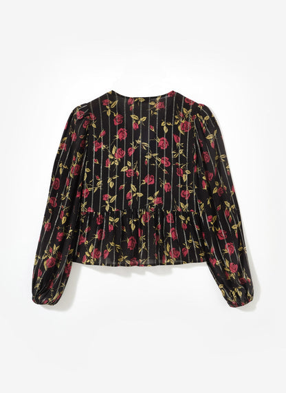 Black Rose Print Tie Front Top