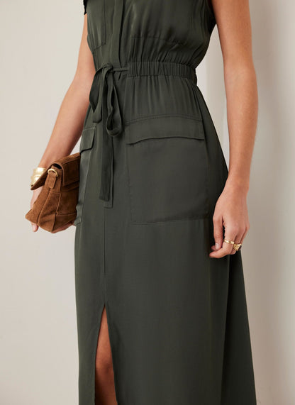 Khaki Satin Mix Utility Shirt Dress