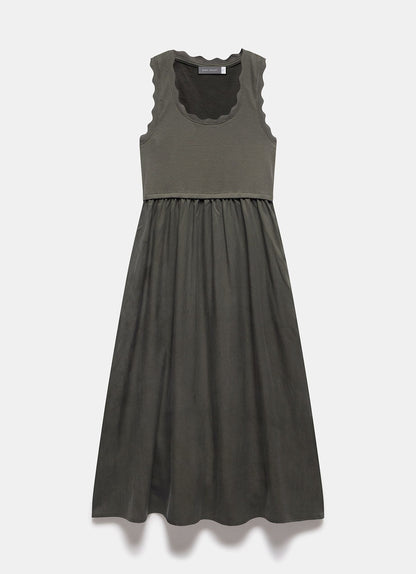Khaki Scallop Trim Midi Dress