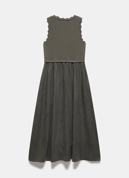 Khaki Scallop Trim Midi Dress