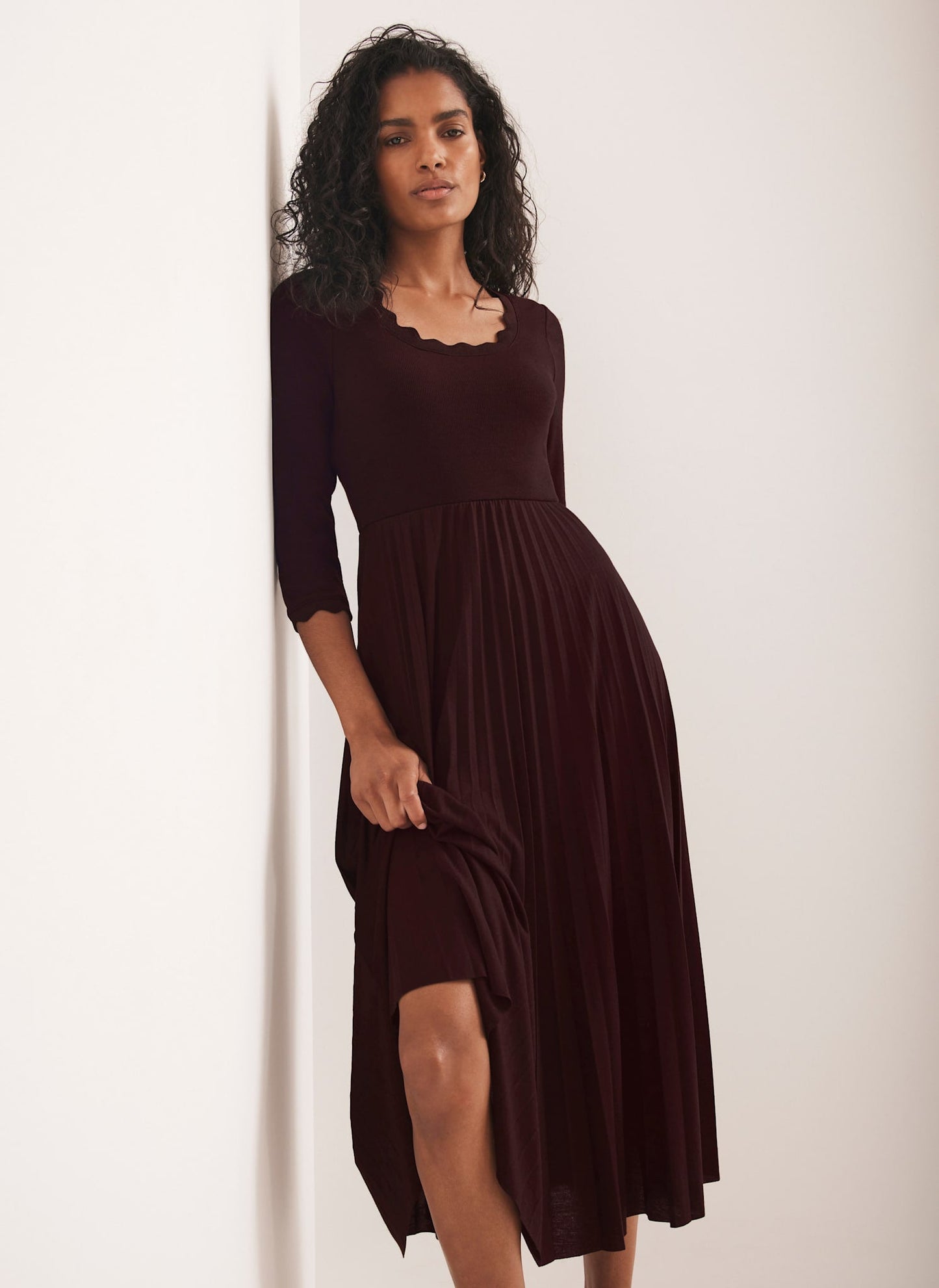 Burgundy Scallop Trim Midi Dress