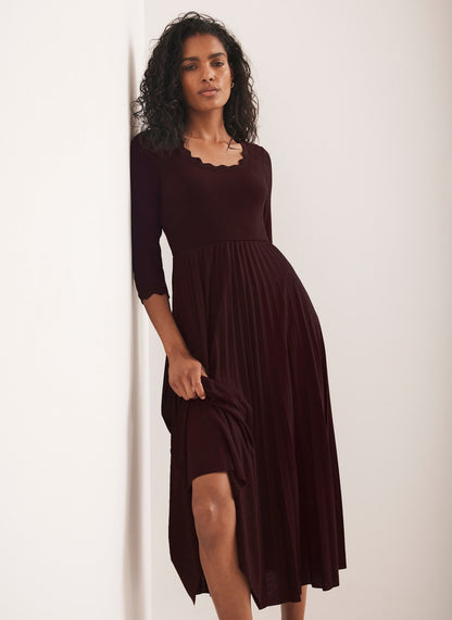 Burgundy Scallop Trim Midi Dress