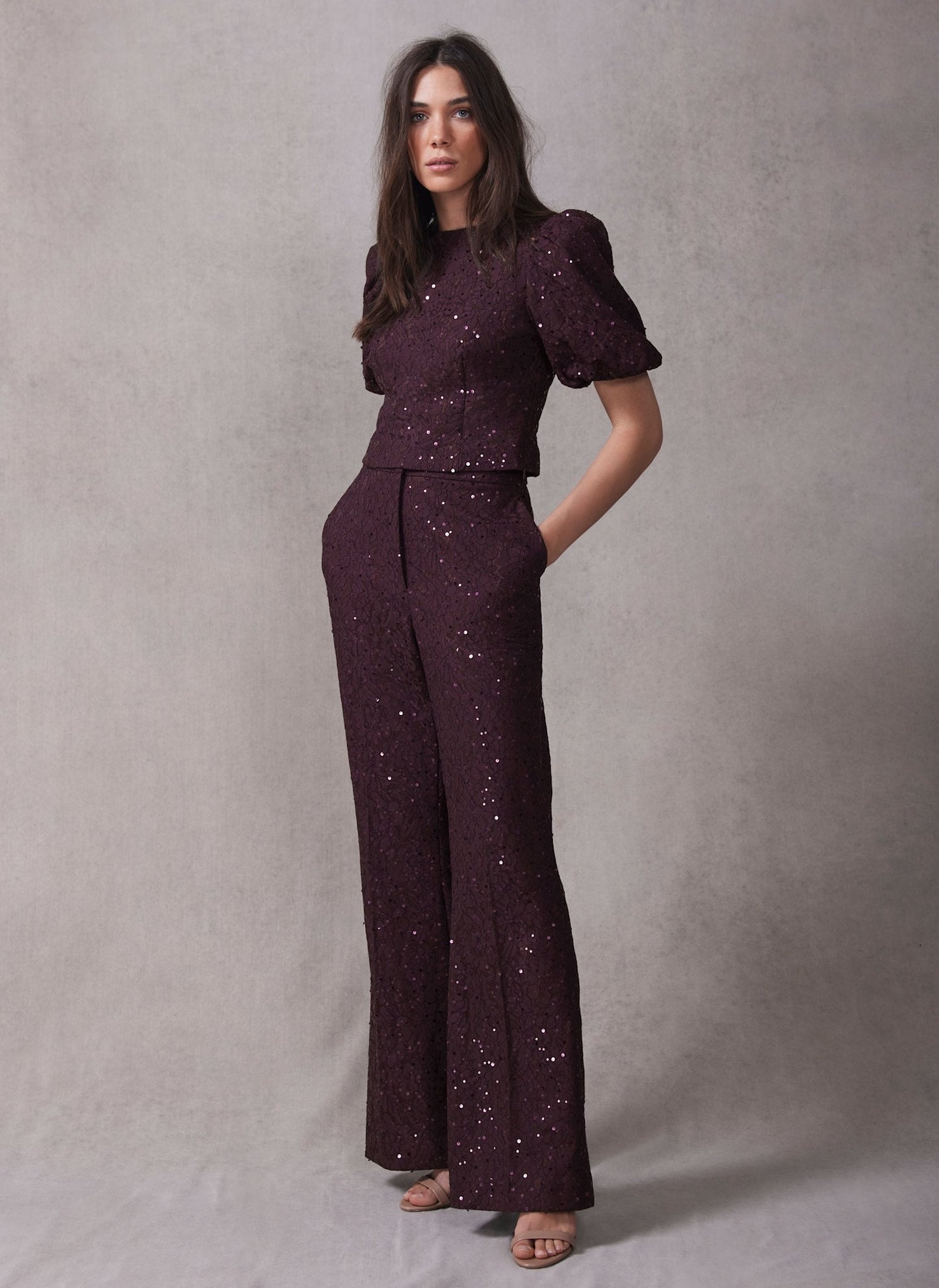 Burgundy Sequin Lace Flared Trousers