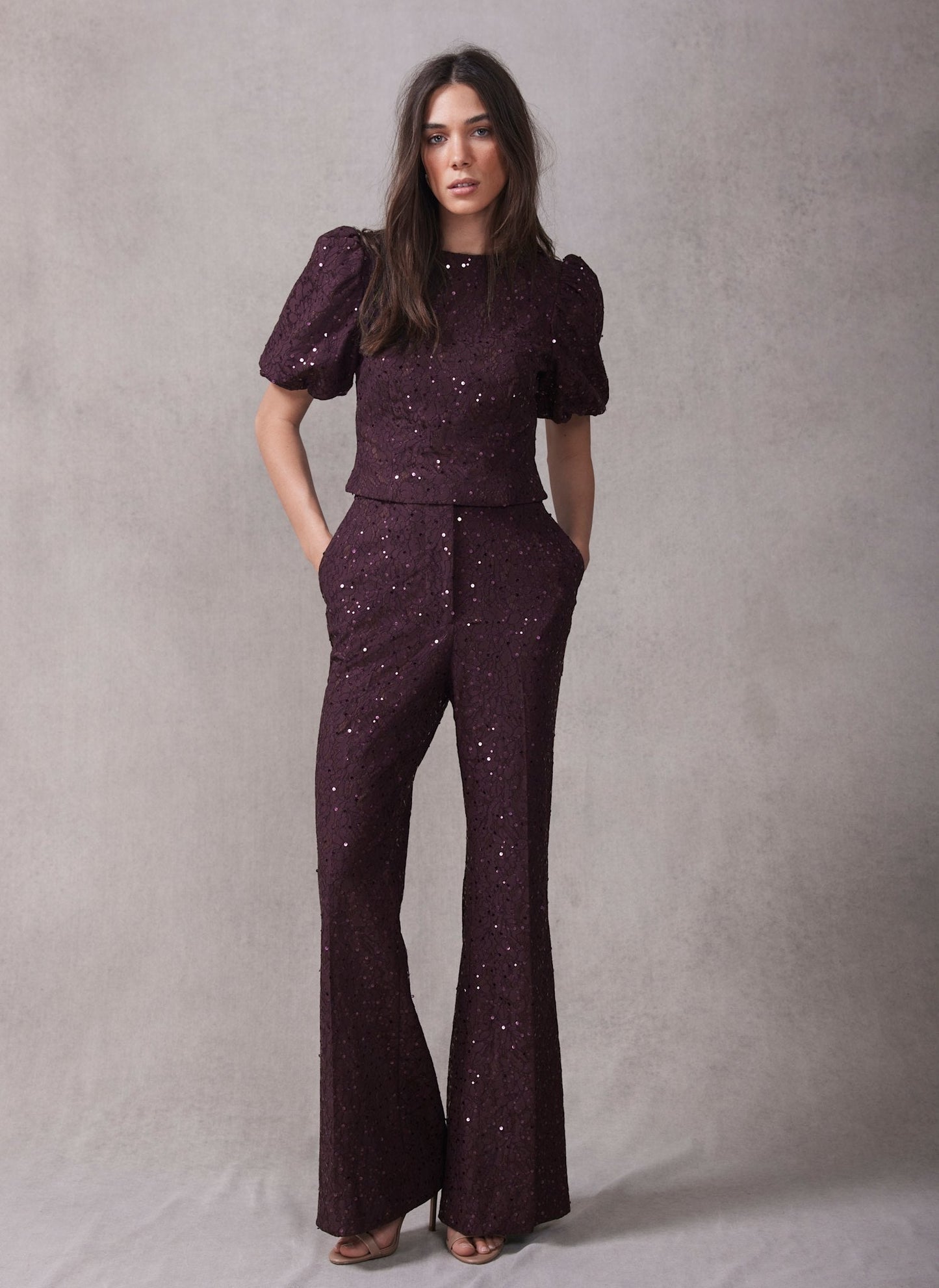 Burgundy Sequin Lace Flared Trousers