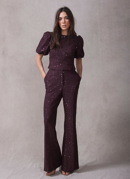 Burgundy Sequin Lace Flared Trousers