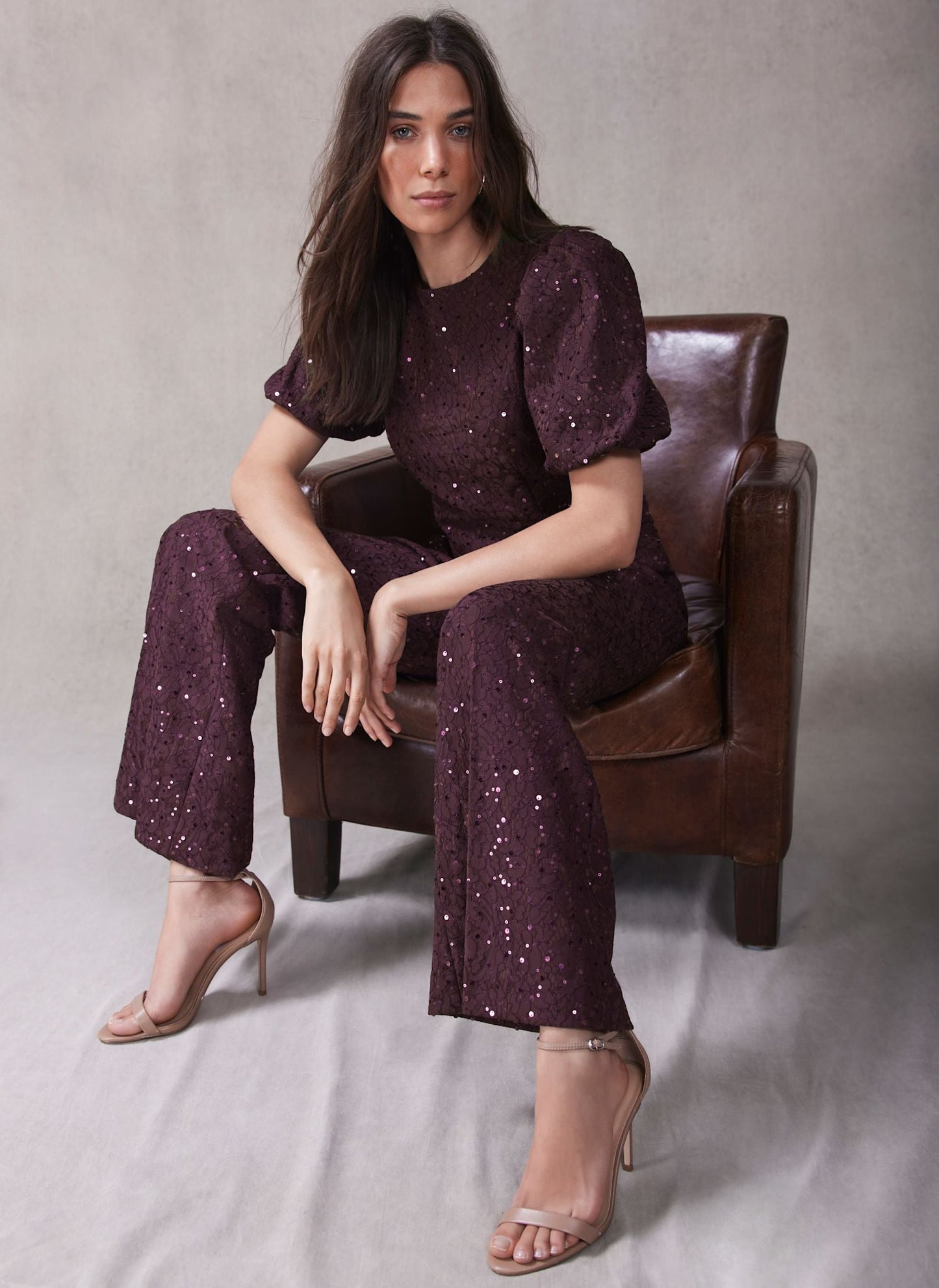 Burgundy Sequin Lace Flared Trousers