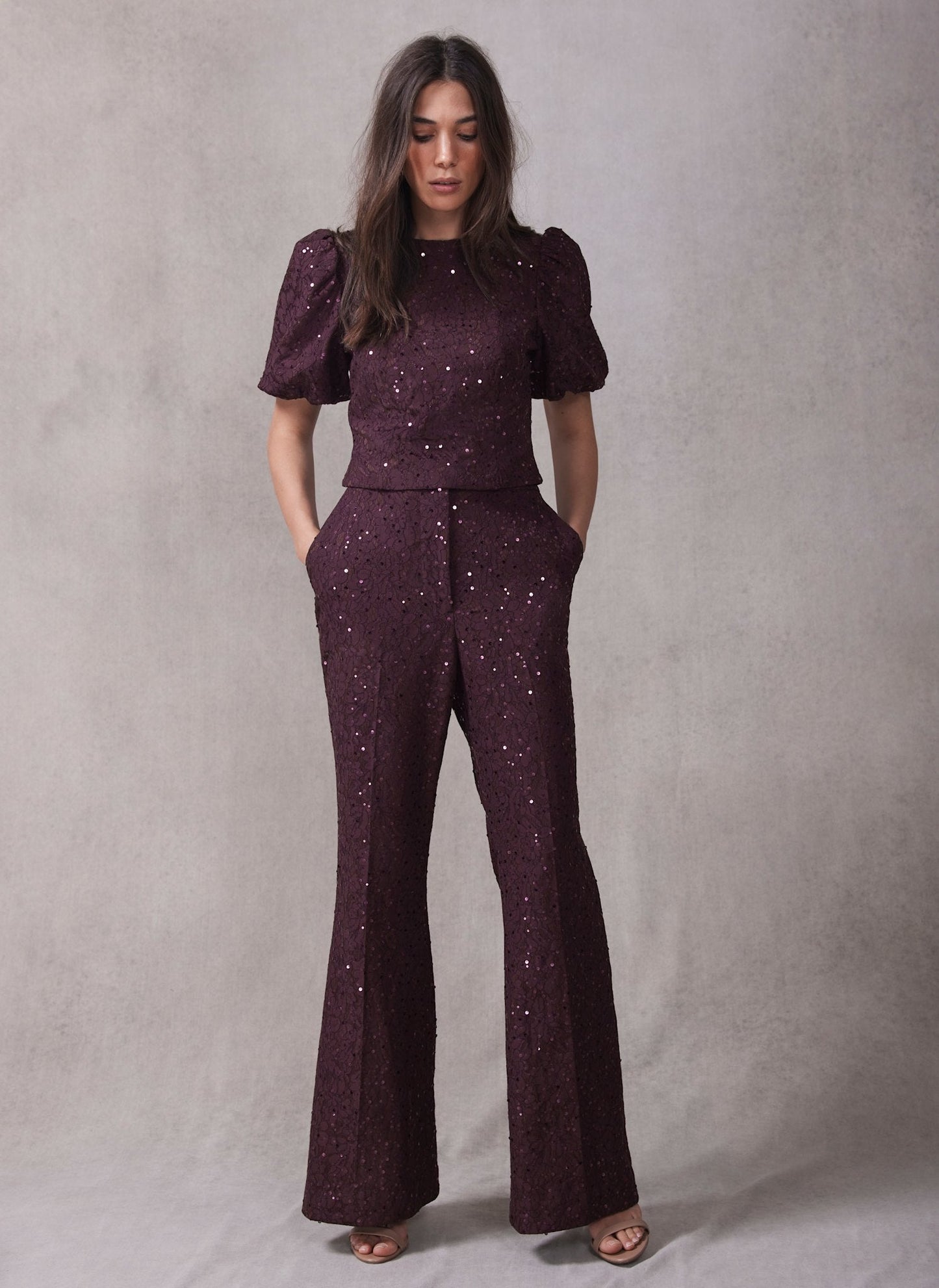 Burgundy Sequin Lace Flared Trousers