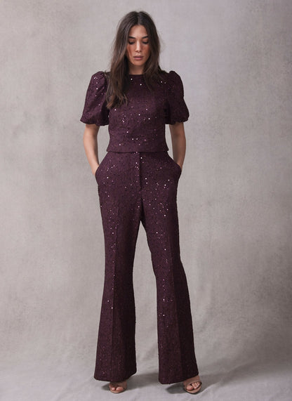 Burgundy Sequin Lace Flared Trousers