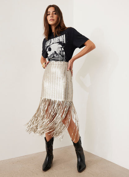 Silver Sequin Fringe Skirt