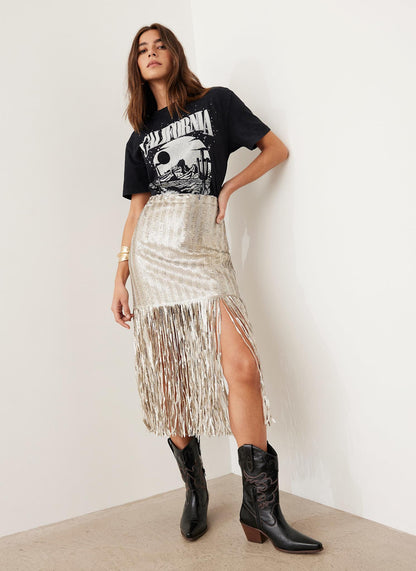 Silver Sequin Fringe Skirt