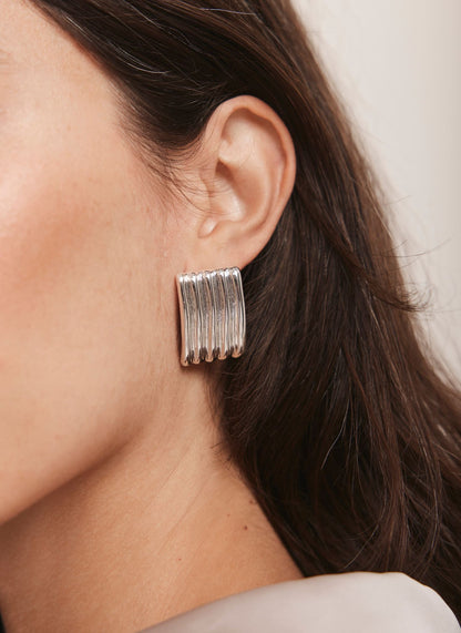 Silver Tone Statement Ridge Earrings