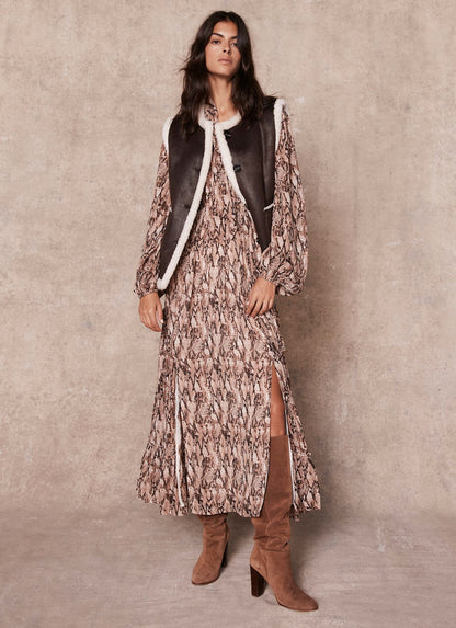 Brown Snake Print Midi Dress