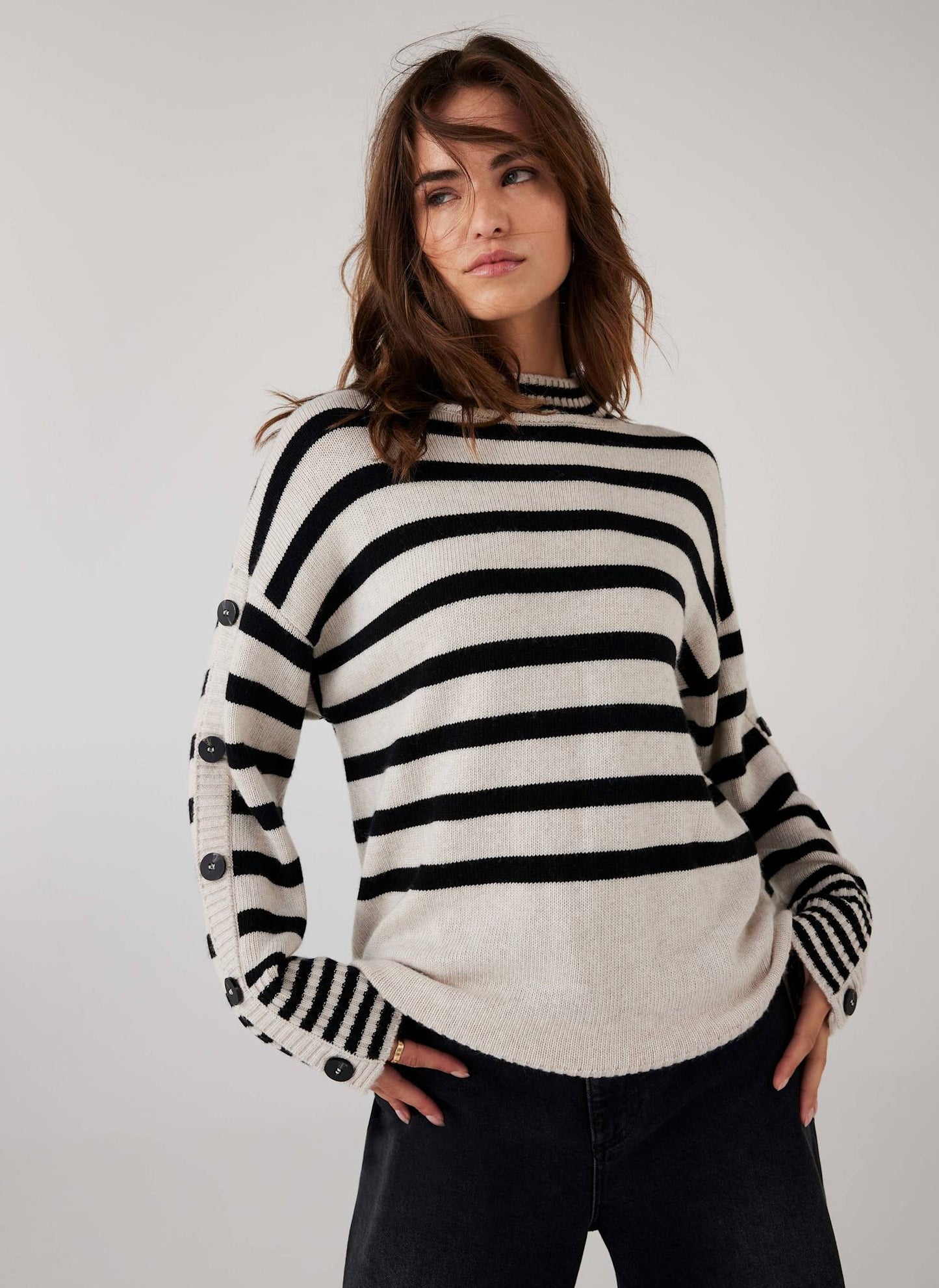 Cream Wool Blend Striped Longline Jumper
