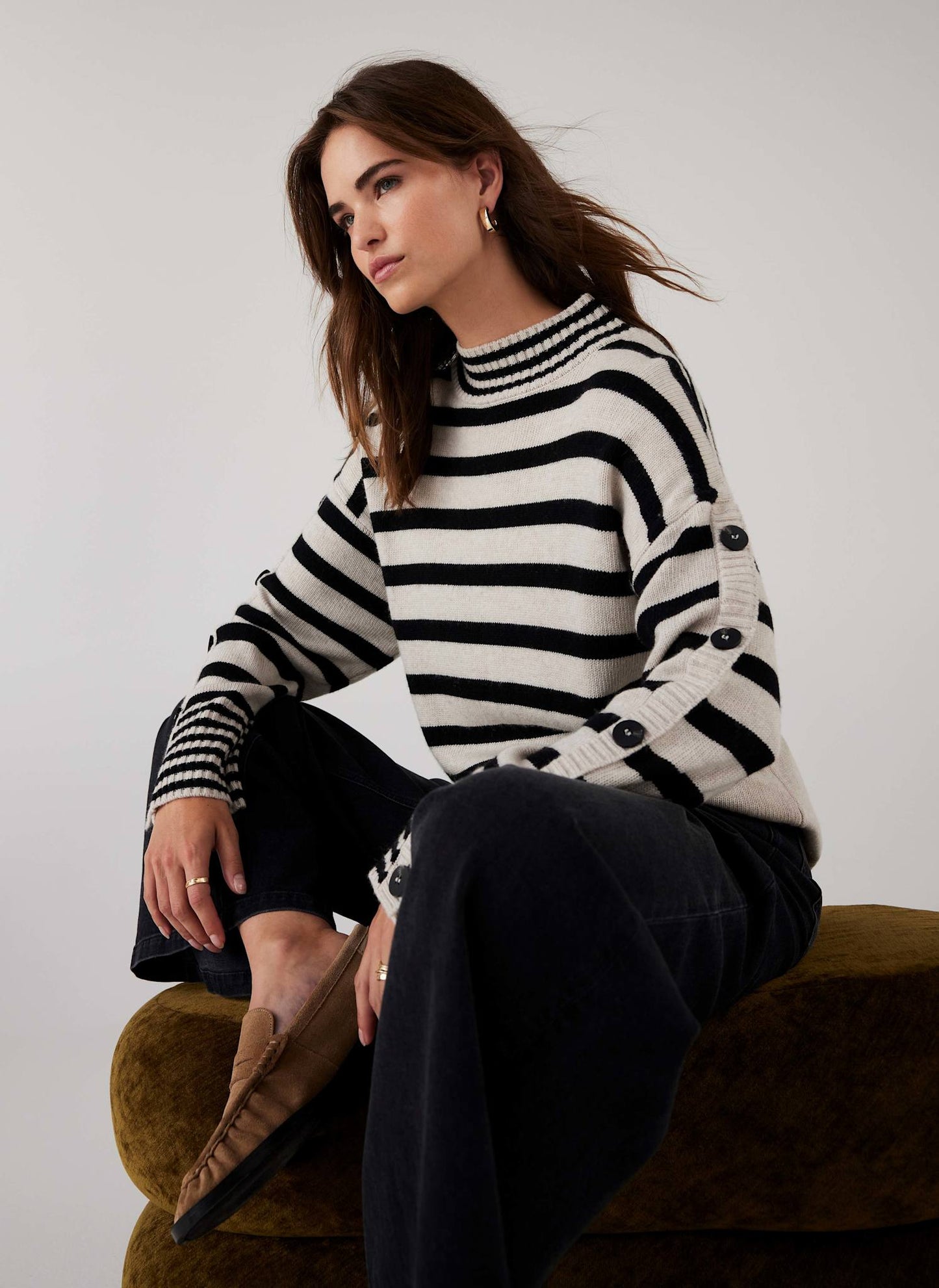Cream Wool Blend Striped Longline Jumper