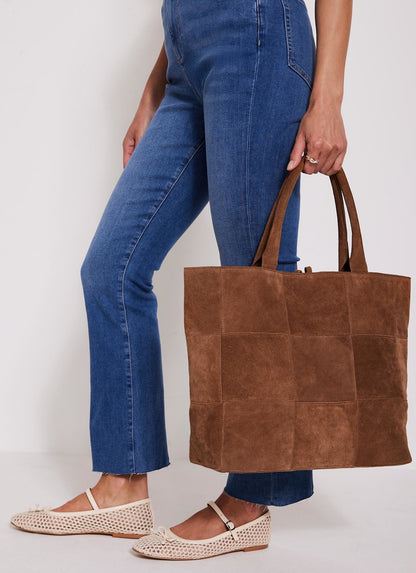 Tan Suede Woven Tote Bag