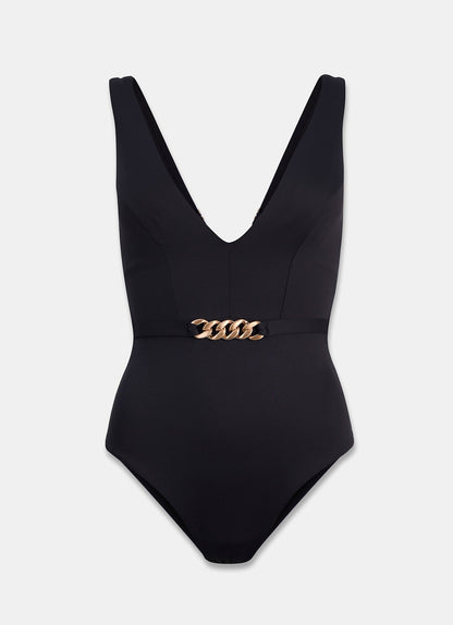 Black Chain Detail Plunge Swimsuit