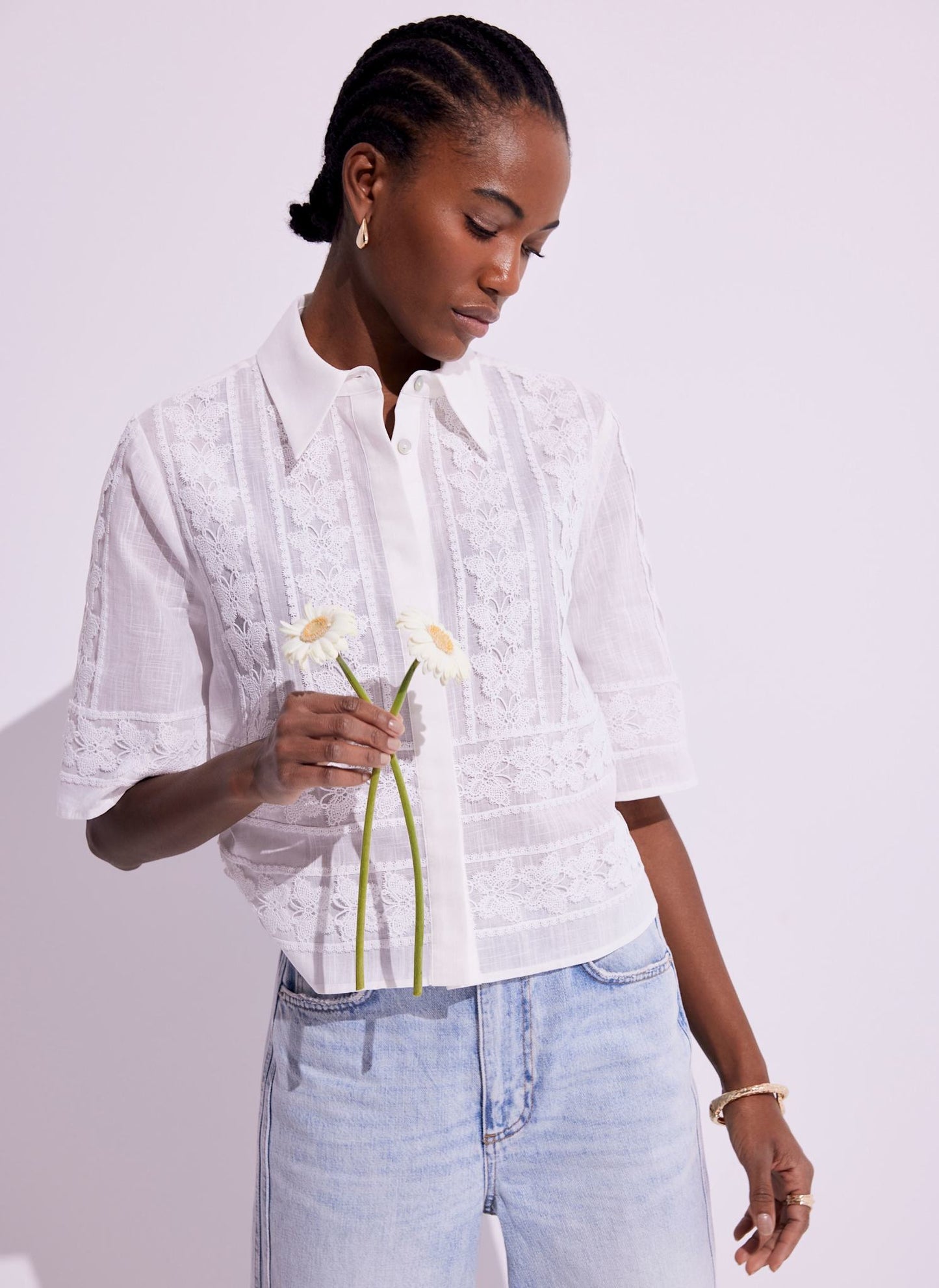 White Crochet Butterfly Trim Cropped Shirt