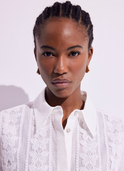 White Crochet Butterfly Trim Cropped Shirt