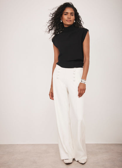 White Button Detail High Waisted Wide Trousers