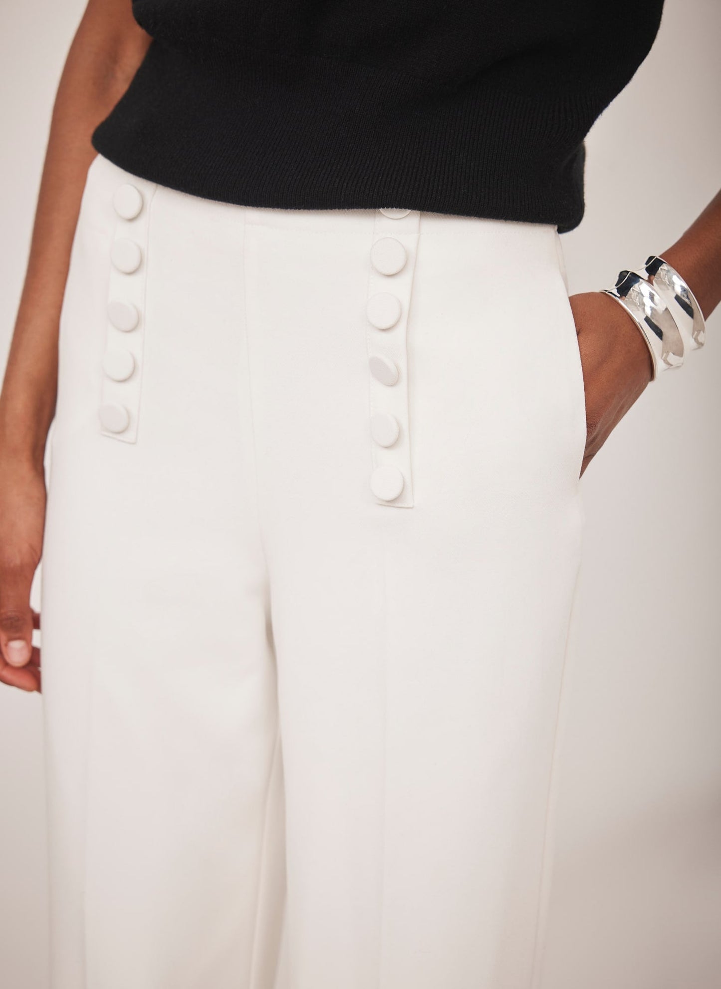 White Button Detail High Waisted Wide Trousers
