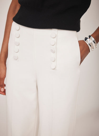 White Button Detail High Waisted Wide Trousers