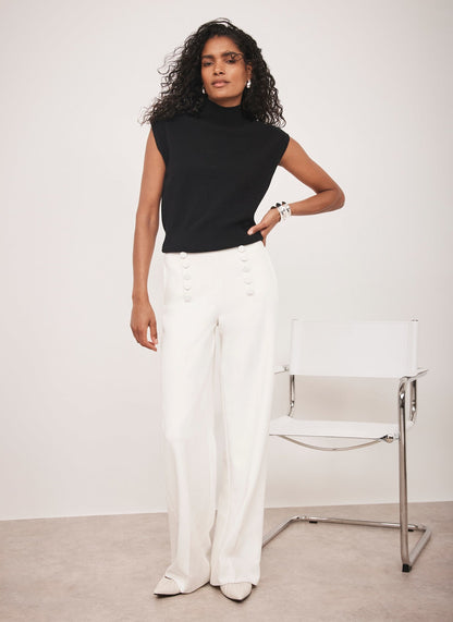 White Button Detail High Waisted Wide Trousers