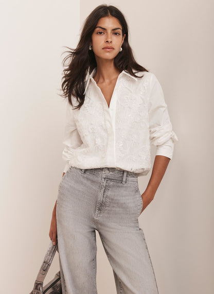 White Sequin Lace Cotton Shirt
