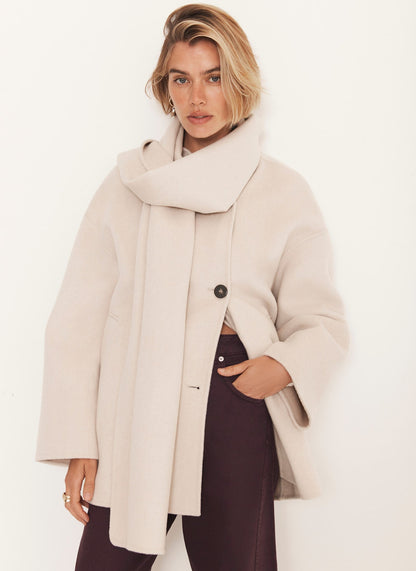 Neutral Wool Blend Hand Finished Scarf Coat