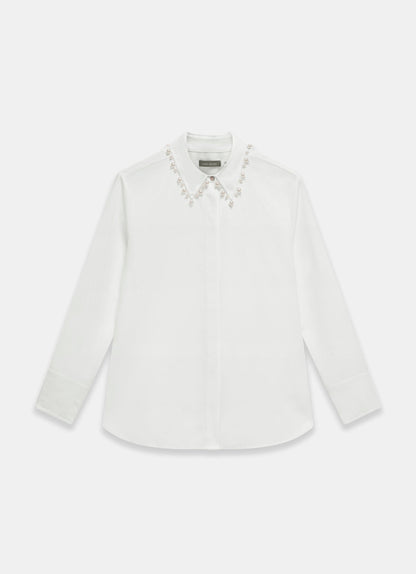 White Cotton Blend Pearl Collar Shirt